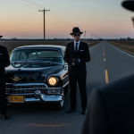 Dos Hombres de Negro idénticos, con trajes negros y sombreros, de pie junto a un Cadillac negro de los años 50 en una carretera desierta, mirando amenazadoramente a un testigo OVNI.