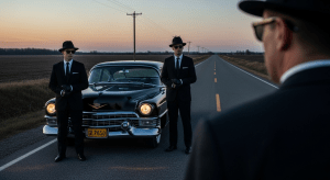 Dos Hombres de Negro idénticos, con trajes negros y sombreros, de pie junto a un Cadillac negro de los años 50 en una carretera desierta, mirando amenazadoramente a un testigo OVNI.