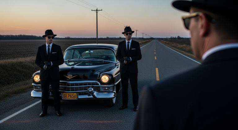 Dos Hombres de Negro idénticos, con trajes negros y sombreros, de pie junto a un Cadillac negro de los años 50 en una carretera desierta, mirando amenazadoramente a un testigo OVNI.