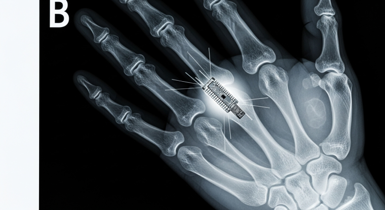 Una radiografía de una mano humana que revela un pequeño y complejo objeto metálico alojado cerca del hueso, la "pistola humeante" de la evidencia de implantes extraterrestres.