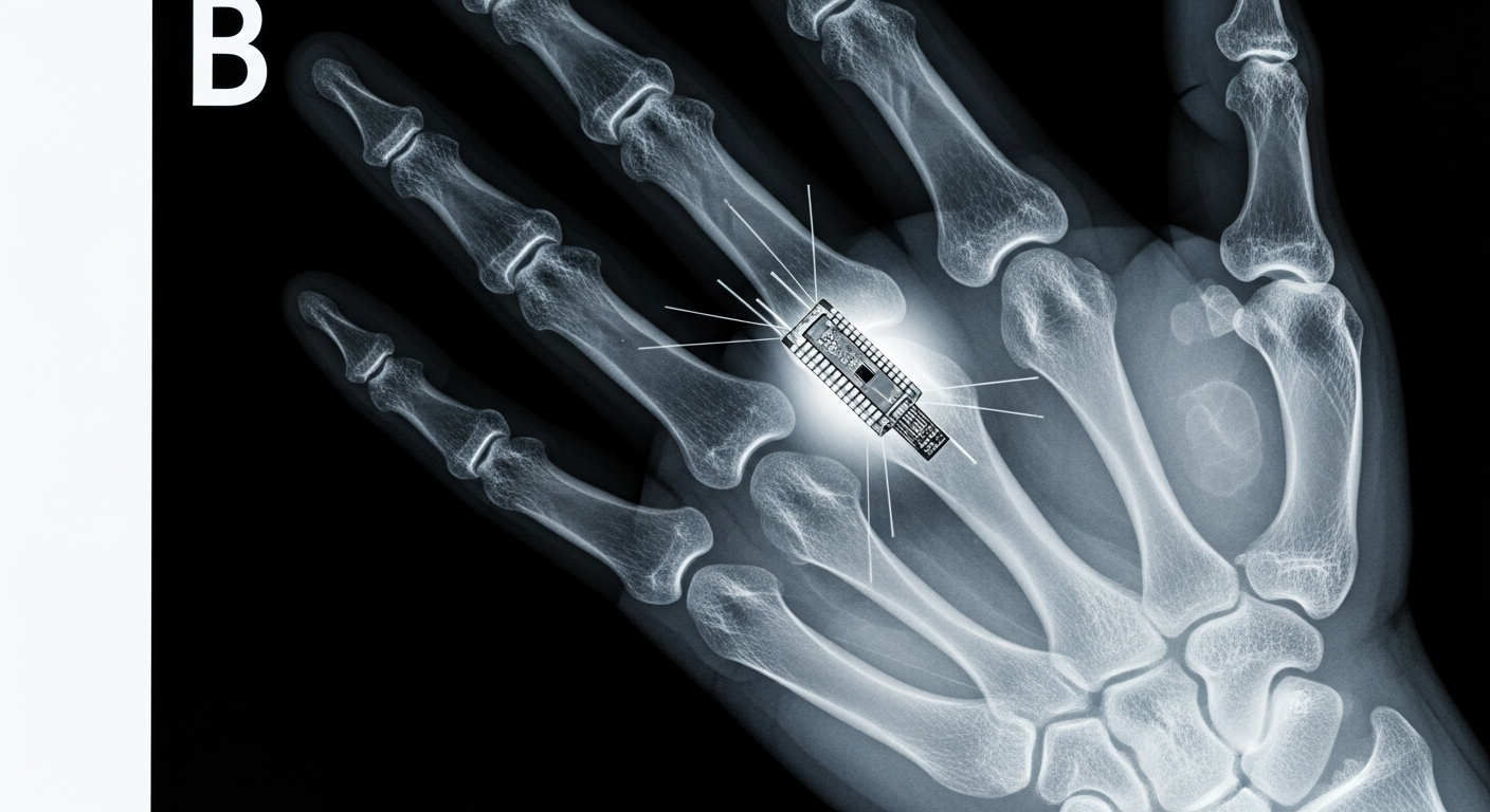 Una radiografía de una mano humana que revela un pequeño y complejo objeto metálico alojado cerca del hueso, la "pistola humeante" de la evidencia de implantes extraterrestres.