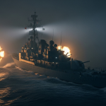 Un destructor estadounidense en las aguas oscuras del Golfo de Tonkin, disparando a enemigos fantasmales en la niebla, simbolizando el ataque inexistente que inició la Guerra de Vietnam.