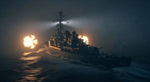 Un destructor estadounidense en las aguas oscuras del Golfo de Tonkin, disparando a enemigos fantasmales en la niebla, simbolizando el ataque inexistente que inició la Guerra de Vietnam.