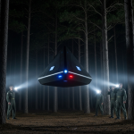 Militares estadounidenses de 1980 en el bosque de Rendlesham por la noche, apuntando sus linternas a un OVNI triangular negro que flota silenciosamente entre los árboles.
