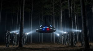 Militares estadounidenses de 1980 en el bosque de Rendlesham por la noche, apuntando sus linternas a un OVNI triangular negro que flota silenciosamente entre los árboles.