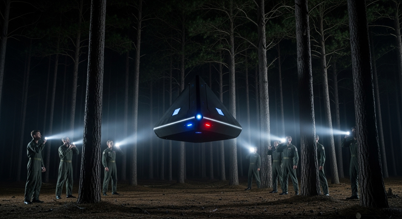 Militares estadounidenses de 1980 en el bosque de Rendlesham por la noche, apuntando sus linternas a un OVNI triangular negro que flota silenciosamente entre los árboles.