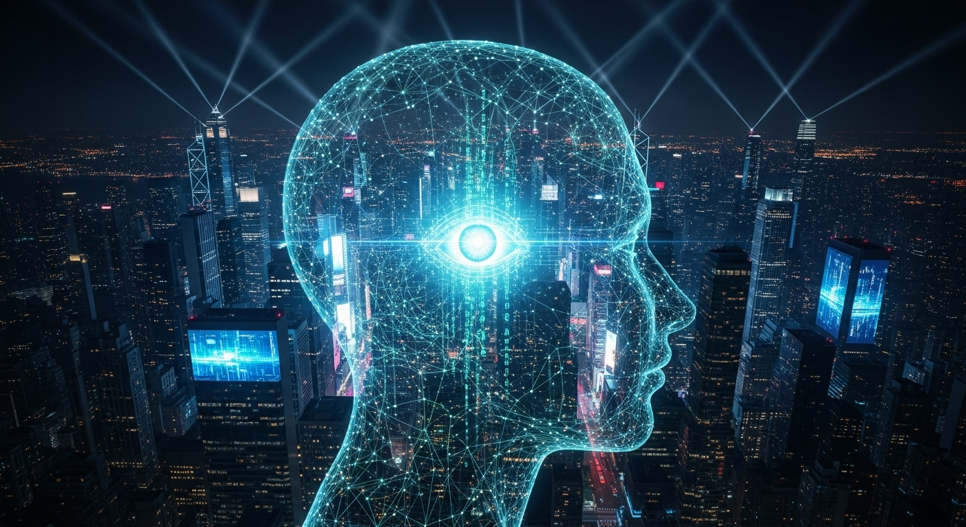 Una cabeza humana compuesta por código digital y redes neuronales, con un ojo vigilante en el centro, simbolizando el legado de MKUltra en la tecnología de vigilancia y control moderno.