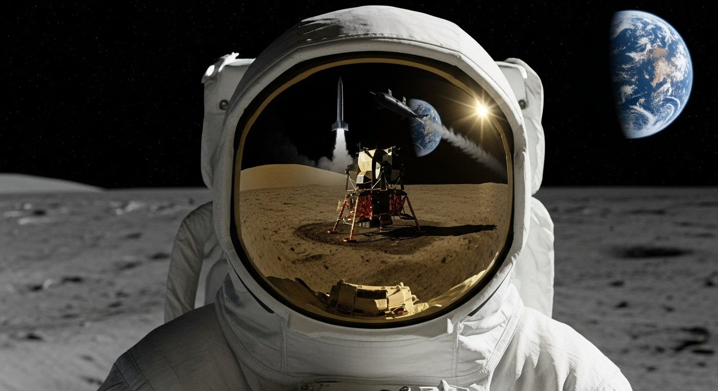 Un astronauta del programa Apolo en la Luna, cuyo visor refleja débilmente la silueta de un cohete V-2, conectando el triunfo espacial con sus orígenes en la tecnología nazi.