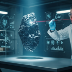 Un científico en un laboratorio subterráneo examinando un fragmento de metal de un OVNI que levita ligeramente sobre la mesa, desafiando la gravedad.