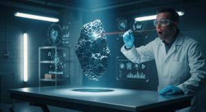 Un científico en un laboratorio subterráneo examinando un fragmento de metal de un OVNI que levita ligeramente sobre la mesa, desafiando la gravedad.