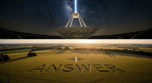 El radiotelescopio de Arecibo enviando una señal al espacio, con el pictograma de respuesta de Chilbolton apareciendo en un campo de cultivo debajo, simbolizando el diálogo cósmico.