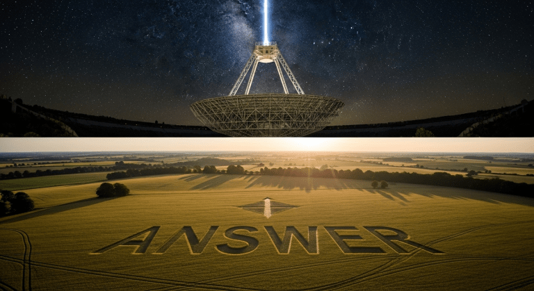 El radiotelescopio de Arecibo enviando una señal al espacio, con el pictograma de respuesta de Chilbolton apareciendo en un campo de cultivo debajo, simbolizando el diálogo cósmico.