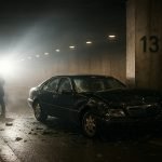 El túnel del Pont de l'Alma en París, con el Mercedes destrozado en su interior y un destello de luz brillante, simbolizando el misterio y las teorías sobre el asesinato de la Princesa Diana.