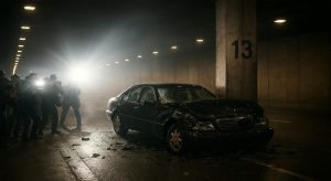 El túnel del Pont de l'Alma en París, con el Mercedes destrozado en su interior y un destello de luz brillante, simbolizando el misterio y las teorías sobre el asesinato de la Princesa Diana.
