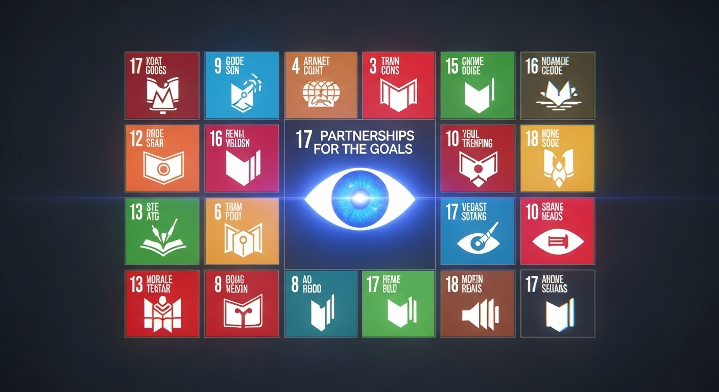 La cuadrícula de colores de los 17 Objetivos de Desarrollo Sostenible de la Agenda 2030, pero en el centro, uno de los cuadrados es un ojo digital vigilante.