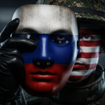 Una mano sosteniendo una máscara con la bandera de un país, revelando detrás otra mano con la bandera de un país diferente, simbolizando el engaño de una operación de bandera falsa.