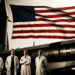 Un grupo de científicos de aspecto alemán de los años 40 frente a un cohete V-2, con una bandera estadounidense ondeando prominentemente en el fondo, simbolizando la Operación Paperclip.