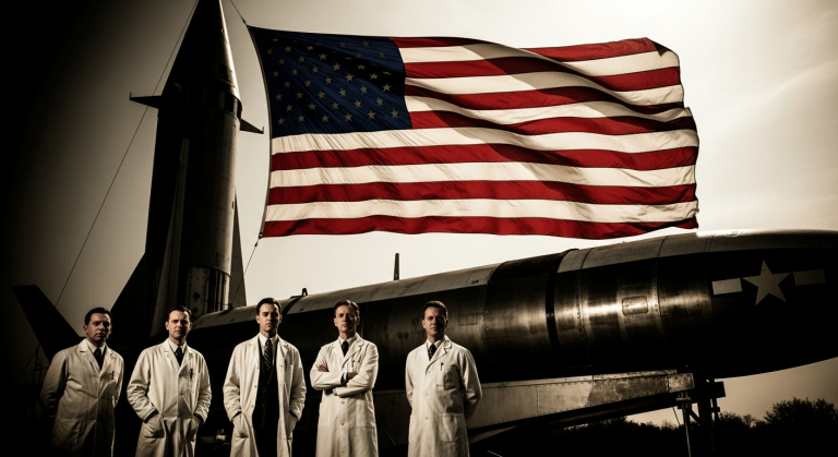 Un grupo de científicos de aspecto alemán de los años 40 frente a un cohete V-2, con una bandera estadounidense ondeando prominentemente en el fondo, simbolizando la Operación Paperclip.