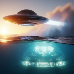 Un platillo volante saliendo a toda velocidad del océano, con una base submarina futurista visible en las profundidades, simbolizando la conexión entre OVNIs y bases submarinas.