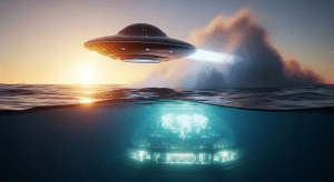 Un platillo volante saliendo a toda velocidad del océano, con una base submarina futurista visible en las profundidades, simbolizando la conexión entre OVNIs y bases submarinas.