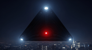 Un gigantesco OVNI triangular negro flotando silenciosamente sobre el horizonte de una ciudad por la noche, con sus tres luces de esquina encendidas.