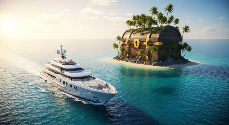 Un lujoso yate navegando hacia una isla tropical paradisíaca cuya forma es un cofre del tesoro cerrado con un candado, simbolizando los paraísos fiscales y la riqueza oculta de la élite.