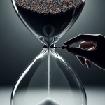 El globo terráqueo representado como un reloj de arena, donde la arena (que simboliza a la población) está siendo controlada por una mano sombría, decidiendo cuánta pasa al futuro.