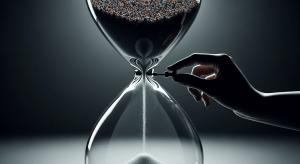 El globo terráqueo representado como un reloj de arena, donde la arena (que simboliza a la población) está siendo controlada por una mano sombría, decidiendo cuánta pasa al futuro.