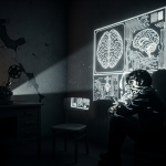 Una figura anónima en una habitación oscura, representando a un sujeto del programa MKUltra, con diagramas cerebrales proyectados sobre la pared, simbolizando el control mental.