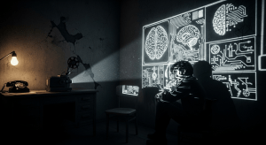 Una figura anónima en una habitación oscura, representando a un sujeto del programa MKUltra, con diagramas cerebrales proyectados sobre la pared, simbolizando el control mental.