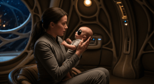 Una mujer abducida en un entorno alienígena sosteniendo a un bebé híbrido de ojos grandes, simbolizando el núcleo emocional del programa de hibridación.