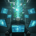 Una persona sentada en una habitación oscura con los ojos cerrados, mientras pantallas y flujos digitales le introducen información directamente en la cabeza, simbolizando la propaganda moderna.