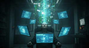 Una persona sentada en una habitación oscura con los ojos cerrados, mientras pantallas y flujos digitales le introducen información directamente en la cabeza, simbolizando la propaganda moderna.