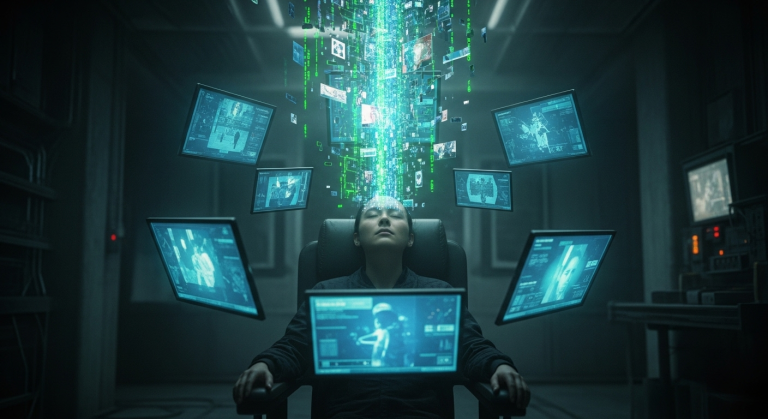 Una persona sentada en una habitación oscura con los ojos cerrados, mientras pantallas y flujos digitales le introducen información directamente en la cabeza, simbolizando la propaganda moderna.
