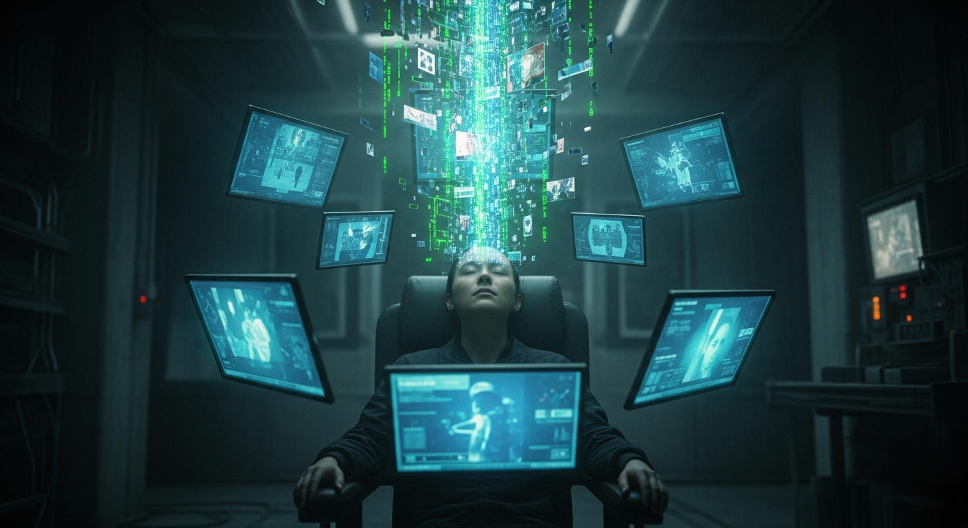 Una persona sentada en una habitación oscura con los ojos cerrados, mientras pantallas y flujos digitales le introducen información directamente en la cabeza, simbolizando la propaganda moderna.