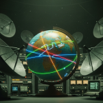 Un globo terráqueo de la era de la Guerra Fría en una sala de control oscura, con líneas brillantes que representan llamadas telefónicas y faxes siendo interceptadas por antenas parabólicas, simbolizando la red de vigilancia ECHELON
