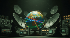Un globo terráqueo de la era de la Guerra Fría en una sala de control oscura, con líneas brillantes que representan llamadas telefónicas y faxes siendo interceptadas por antenas parabólicas, simbolizando la red de vigilancia ECHELON