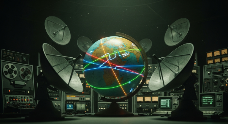 Un globo terráqueo de la era de la Guerra Fría en una sala de control oscura, con líneas brillantes que representan llamadas telefónicas y faxes siendo interceptadas por antenas parabólicas, simbolizando la red de vigilancia ECHELON