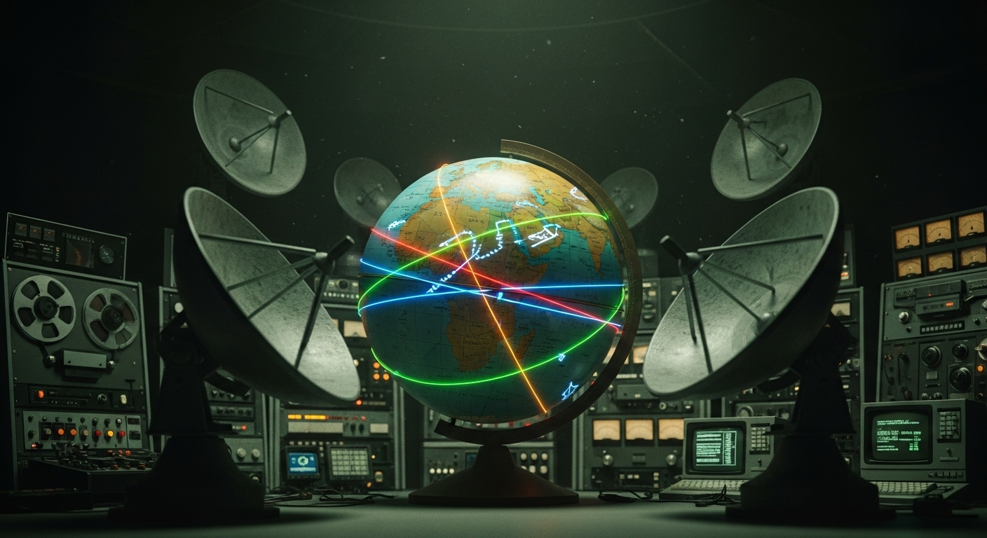Un globo terráqueo de la era de la Guerra Fría en una sala de control oscura, con líneas brillantes que representan llamadas telefónicas y faxes siendo interceptadas por antenas parabólicas, simbolizando la red de vigilancia ECHELON