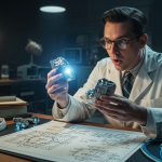 Un científico en un laboratorio subterráneo de los años 50 examinando un fragmento de metal alienígena que brilla, con planos de un microchip y fibra óptica en la mesa, simbolizando la ingeniería inversa de Roswell.