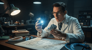 Un científico en un laboratorio subterráneo de los años 50 examinando un fragmento de metal alienígena que brilla, con planos de un microchip y fibra óptica en la mesa, simbolizando la ingeniería inversa de Roswell.