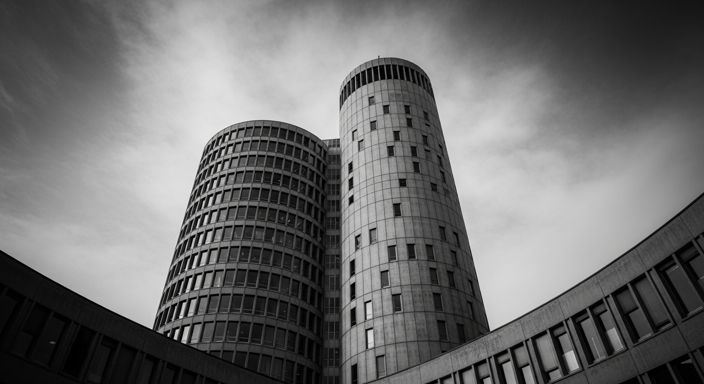La moderna y cilíndrica torre de la sede del BIS en Basilea, Suiza, fotografiada desde un ángulo bajo para que parezca imponente y misteriosa contra un cielo nublado.
