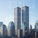 Las Torres Gemelas del World Trade Center con una superposición semitransparente de planos de demolición, sugiriendo que la historia de su colapso es más compleja que la versión oficial.