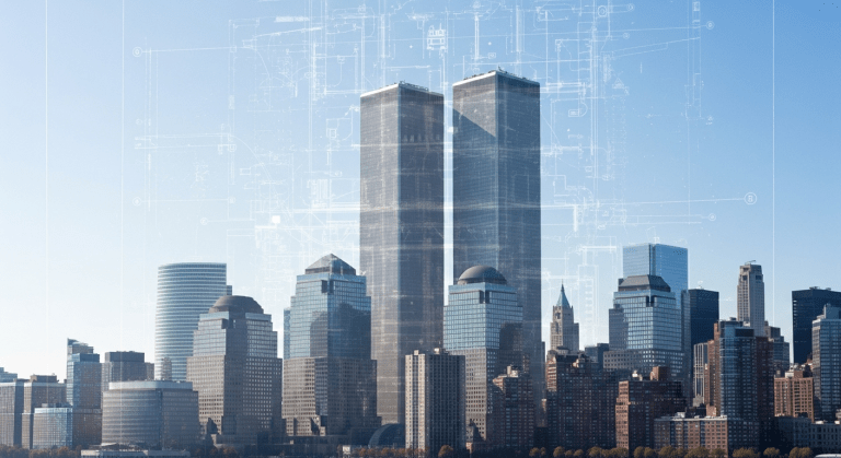 Las Torres Gemelas del World Trade Center con una superposición semitransparente de planos de demolición, sugiriendo que la historia de su colapso es más compleja que la versión oficial.