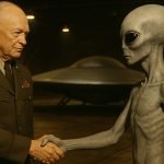 El presidente Eisenhower estrechando la mano de un extraterrestre Gris en una base subterránea, simbolizando el presunto Tratado Greada de 1954.