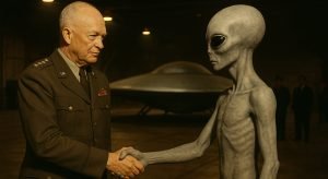 El presidente Eisenhower estrechando la mano de un extraterrestre Gris en una base subterránea, simbolizando el presunto Tratado Greada de 1954.