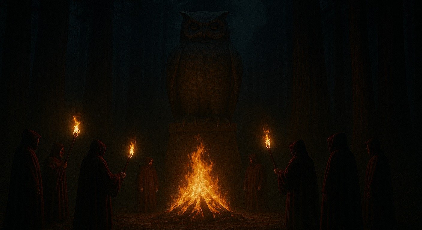 Figuras con túnicas rojas y negras realizando el ritual de la Cremación del Cuidado frente a la estatua de un búho gigante de 12 metros en el Bohemian Grove.