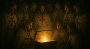 Caballeros Templarios en una cripta subterránea bajo el Monte del Templo, descubriendo un cofre brillante que contiene el Santo Grial o el Arca de la Alianza.
