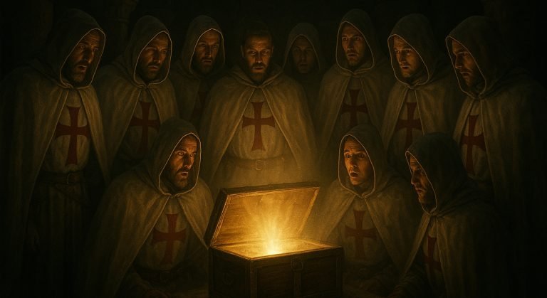 Caballeros Templarios en una cripta subterránea bajo el Monte del Templo, descubriendo un cofre brillante que contiene el Santo Grial o el Arca de la Alianza.