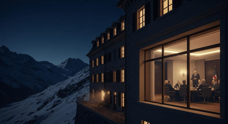 Siluetas de la élite mundial reunidas en un opulento hotel para la conferencia secreta del Club Bilderberg.